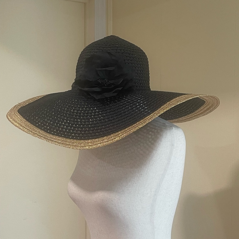 Apt 9 Floppy Straw Beach Sun Hat With Flower Vacation Summer Gold Black One Size - Picture 3 of 8